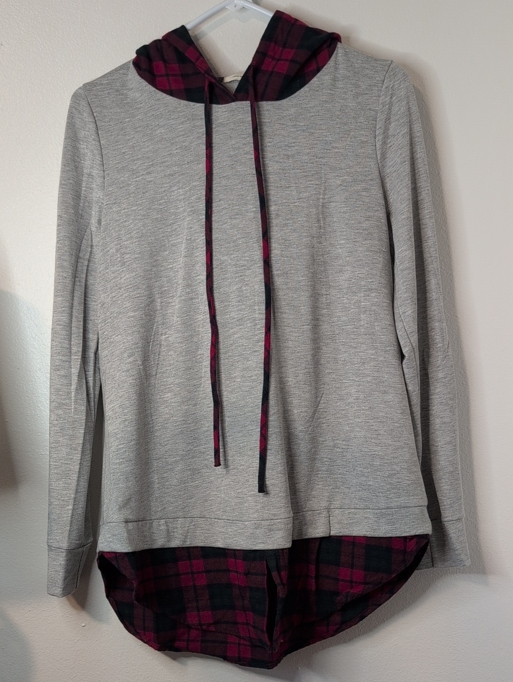 12 Pm By Mon Ami Light Gray Hoodie with Burgundy Plaid Trim